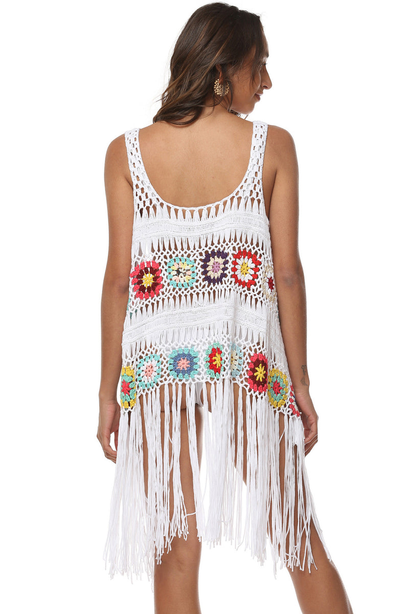 Openwork Fringe Detail Embroidery Sleeveless Cover-Up