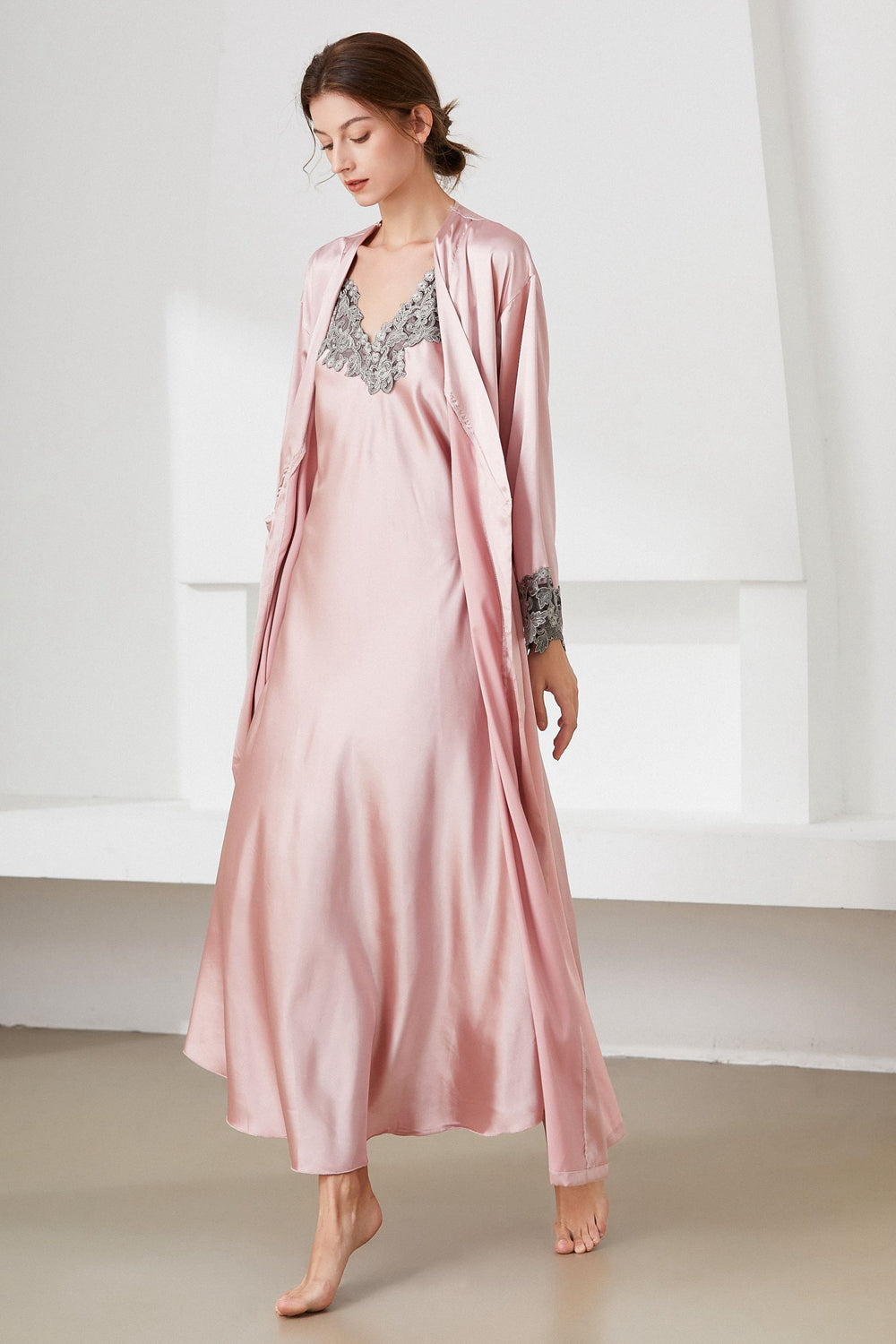 Contrast Lace Trim Satin Night Dress and Robe Set – The Gypsy Den