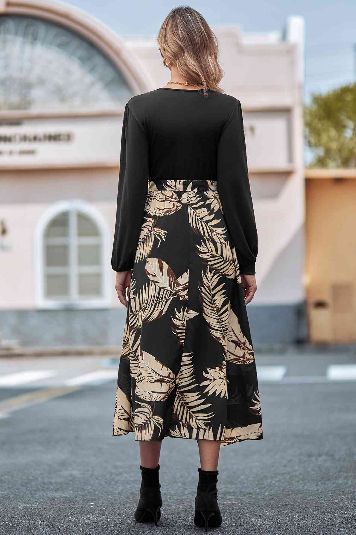 Printed Tie Waist Long Sleeve Dress