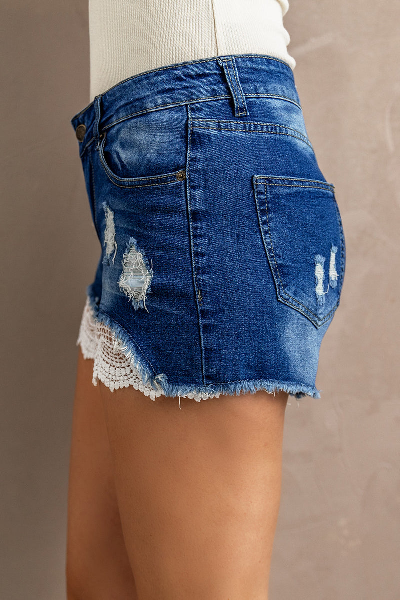 Spliced Lace Distressed Denim Shorts