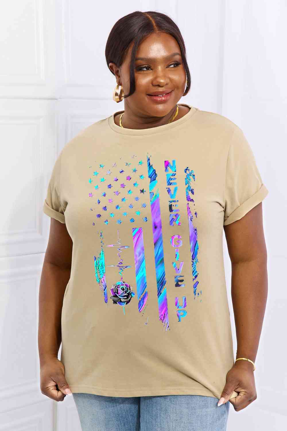 Simply Love Simply Love Full Size NEVER GIVE UP Graphic Cotton Tee