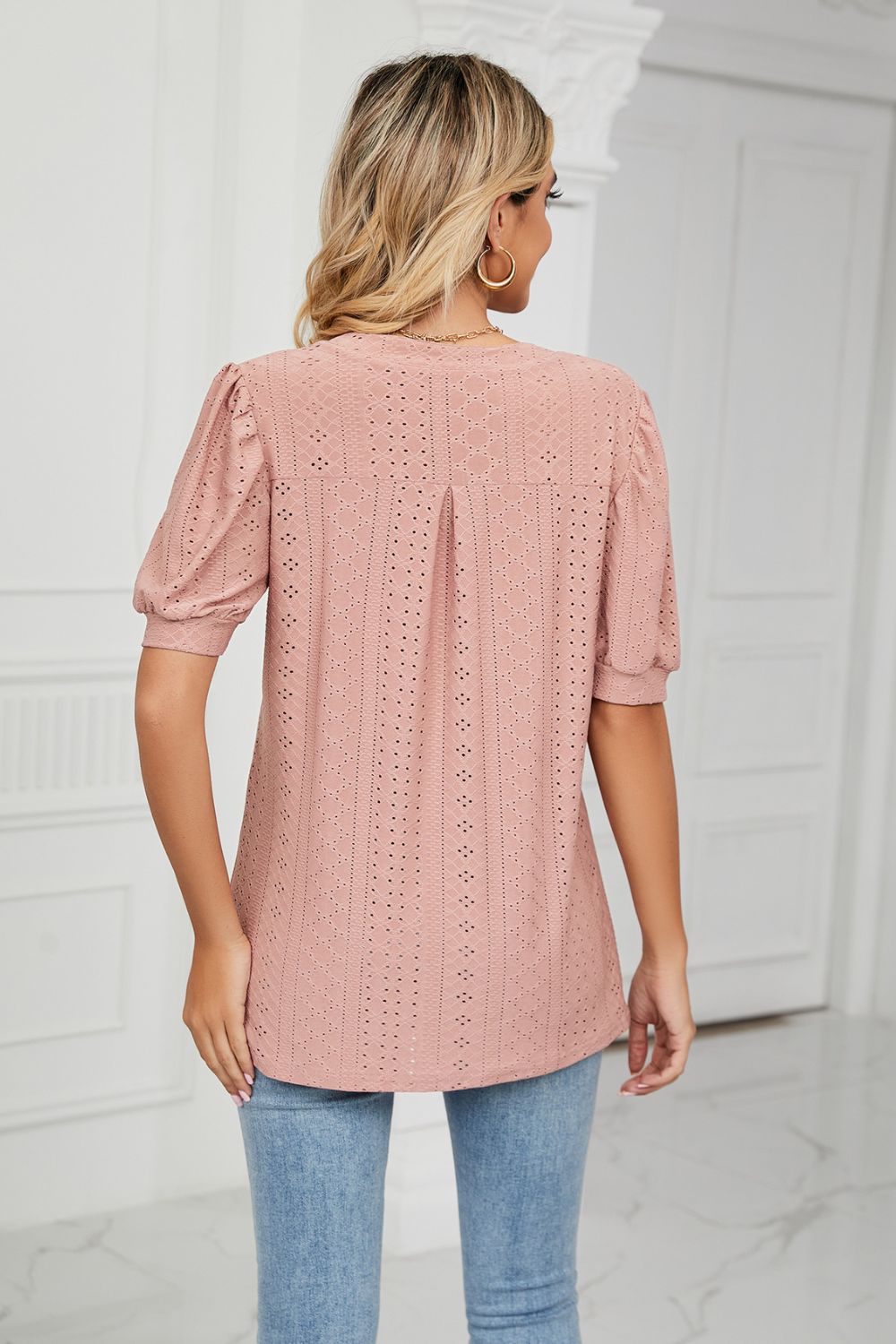 Eyelet Short Puff Sleeve Notched Neck Top