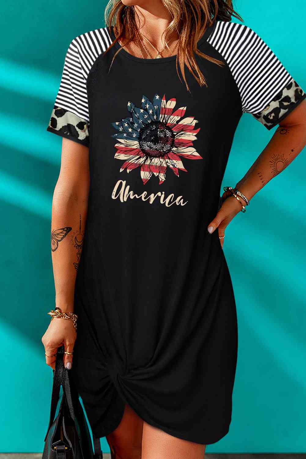 AMERICA US Flag Flower Graphic Twisted Dress