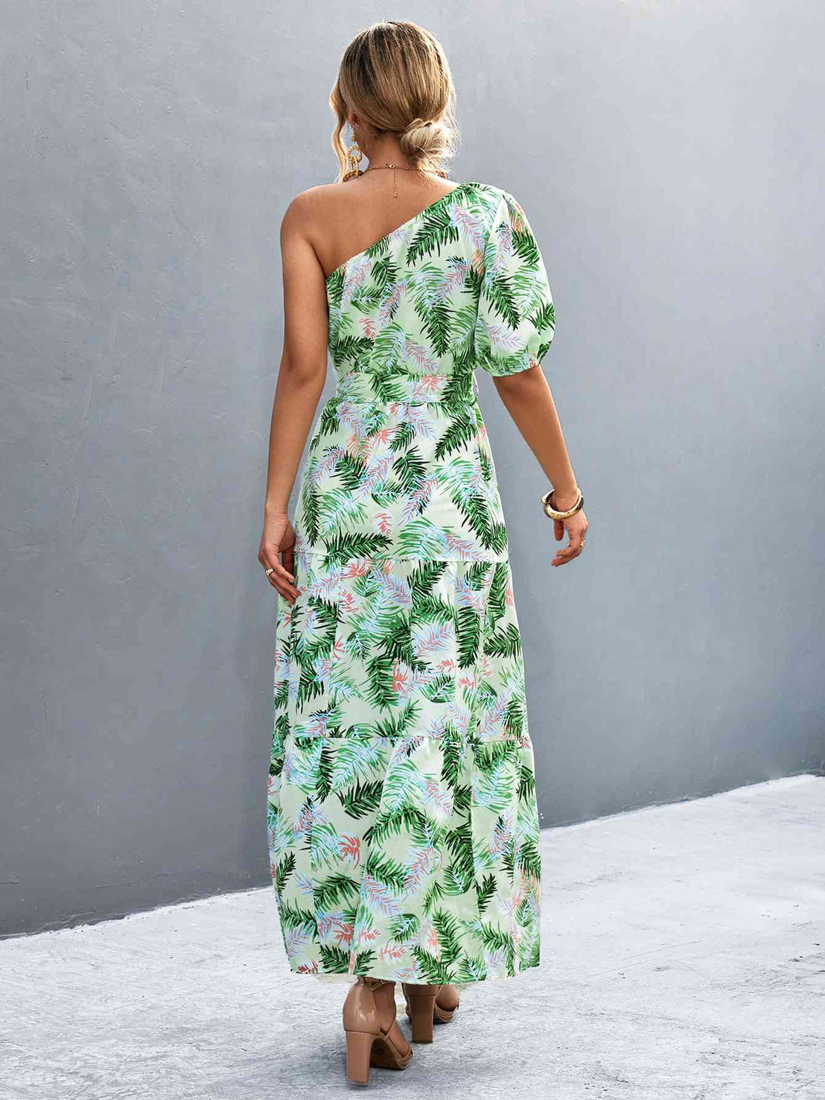 Printed Tie Waist One Shoulder Maxi Dress