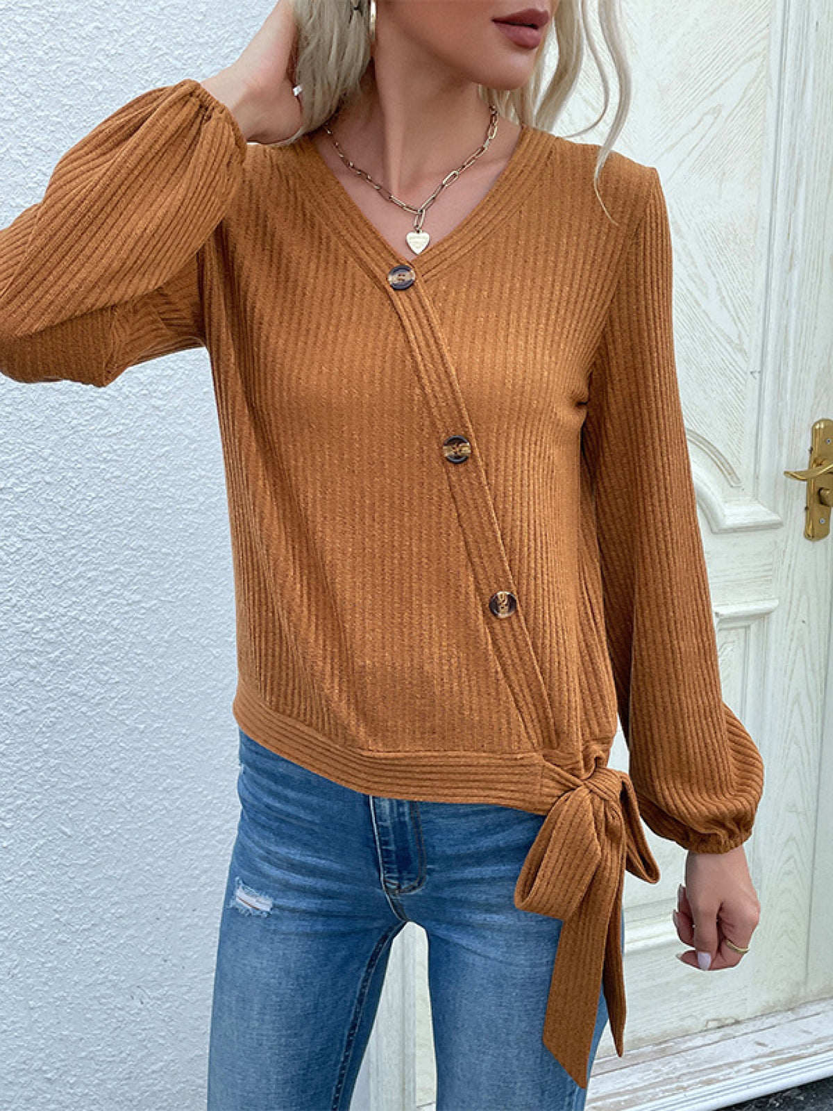 Rib-Knit Asymmetrical Button Blouse