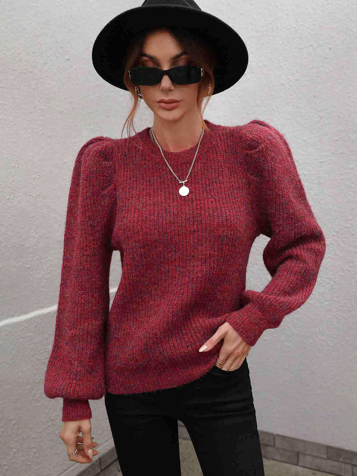 Heathered Long Lantern Sleeve Rib-Knit Sweater