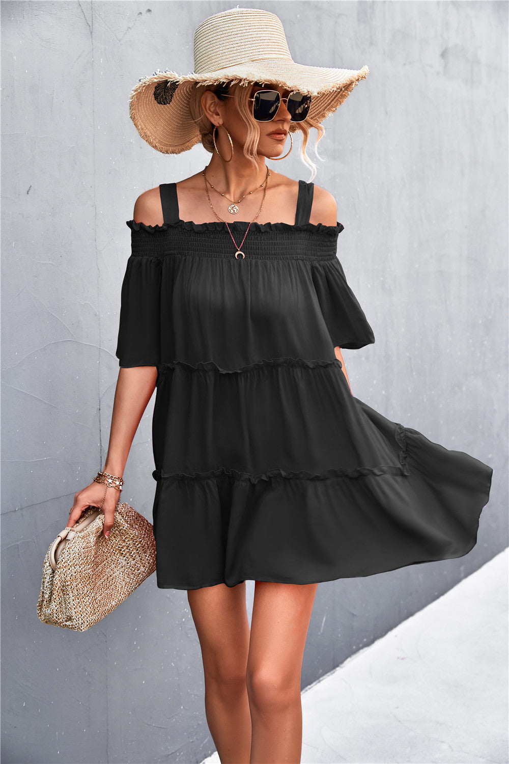 Cold-Shoulder Frill Trim Tiered Dress