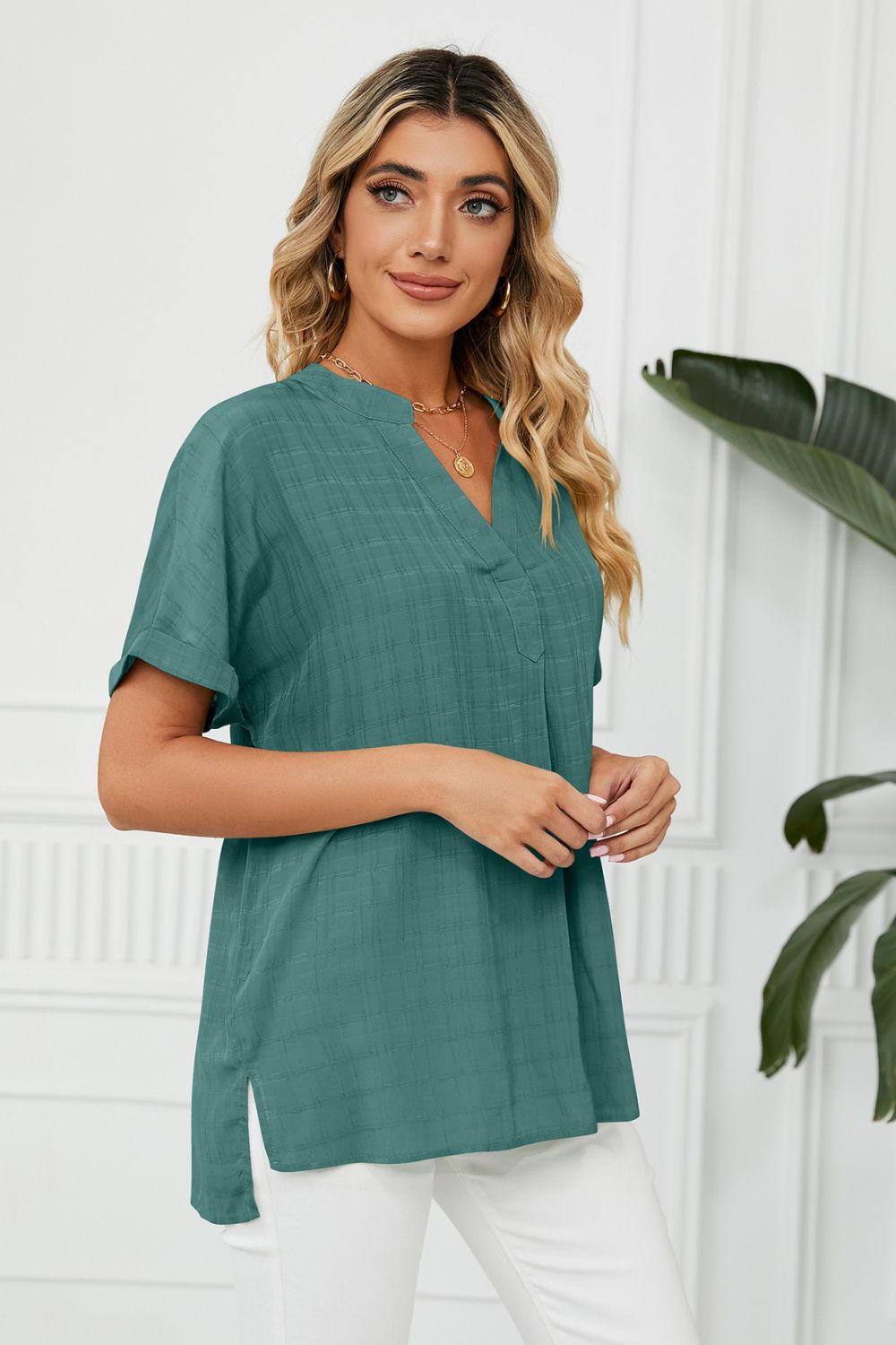 Side Slit Notched Neck Cuffed Short Sleeve Blouse