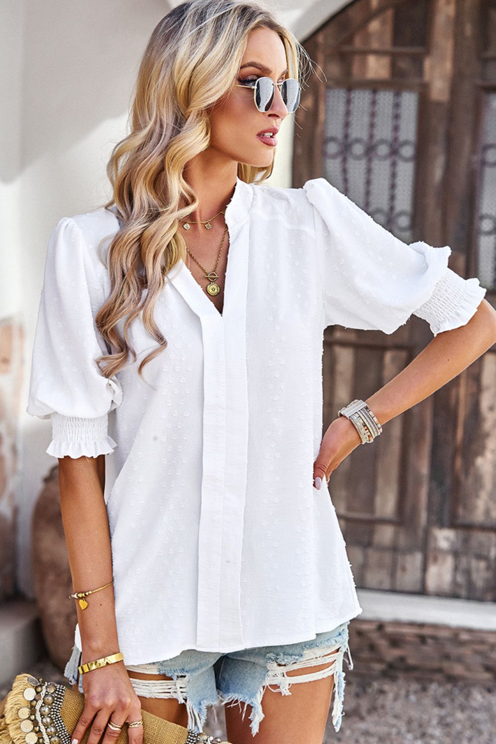Textured Notched Neck Puff Sleeve Blouse
