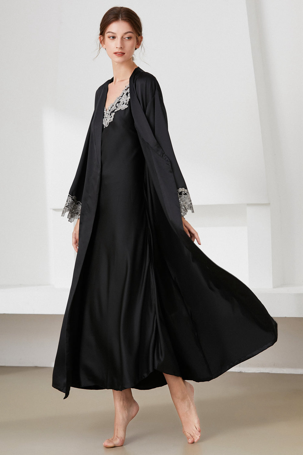 Contrast Lace Trim Satin Night Dress and Robe Set – The Gypsy Den
